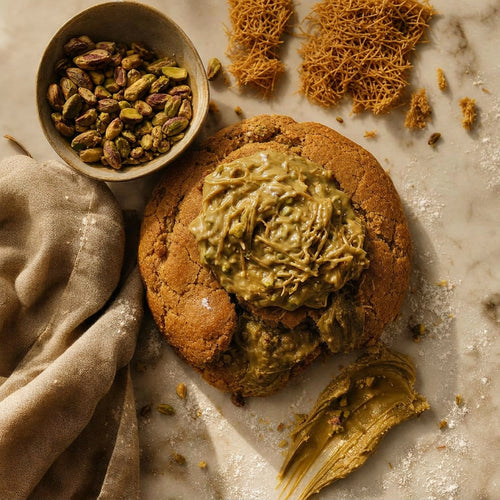 Dubai Nights cookie topped with pistachio knafeh cream