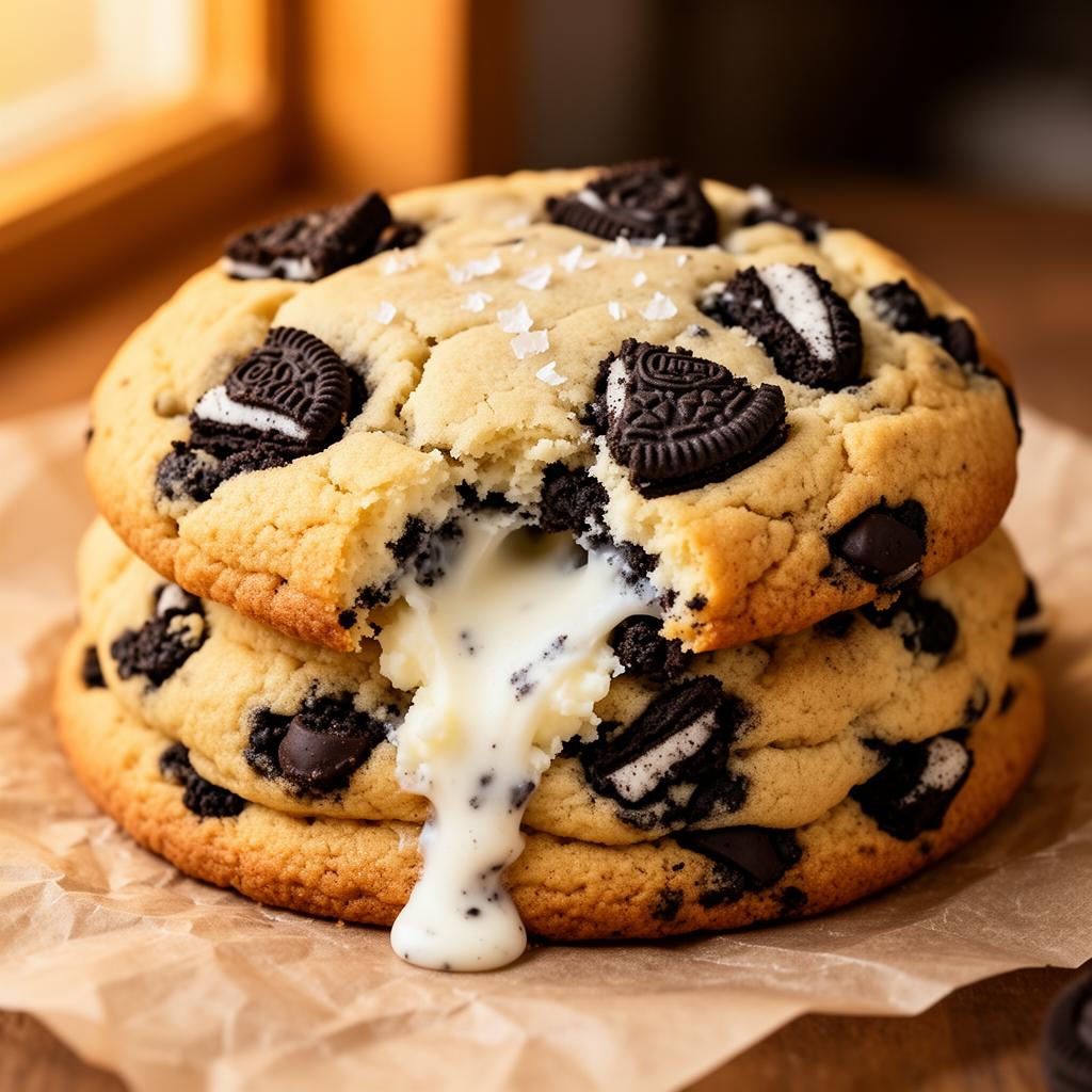 Oreo Overload cookie — golden vanilla dough loaded with crushed Oreos and a molten cookies-and-cream center